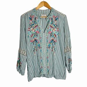 Johnny Was Striped Embroidered Floral Blouse Turquoise Women's Medium Split Neck